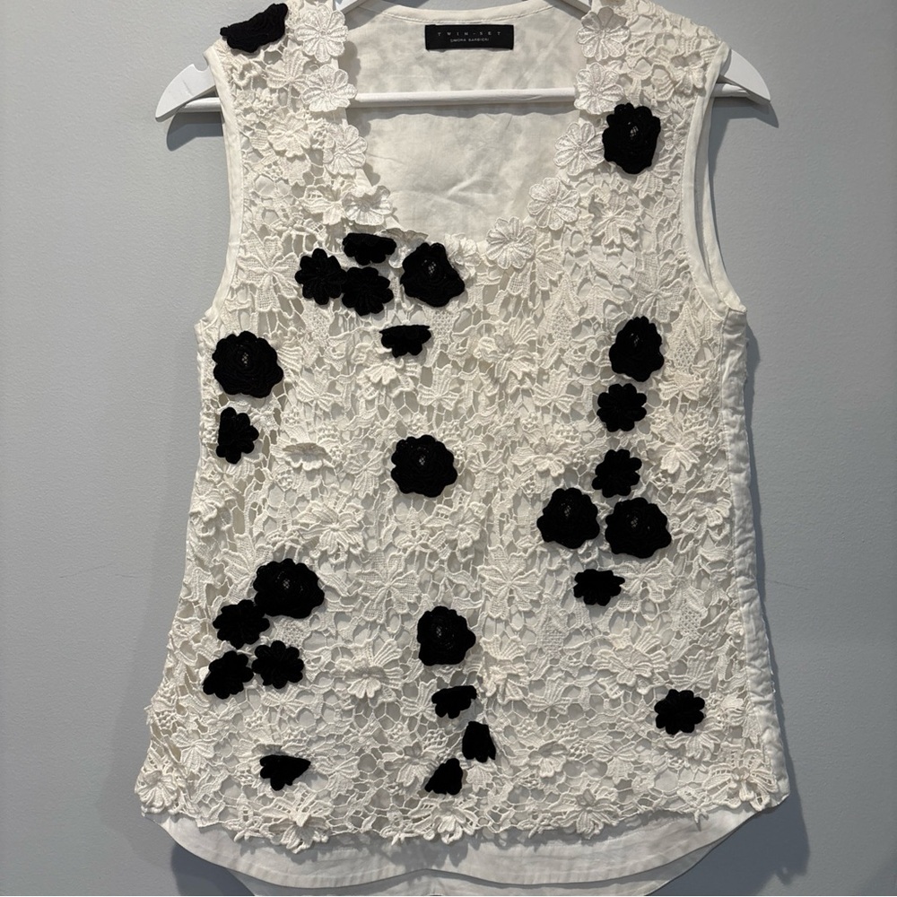 Simona Barbieri women twin set White Black Embroidered Lace Flowers Top Size S